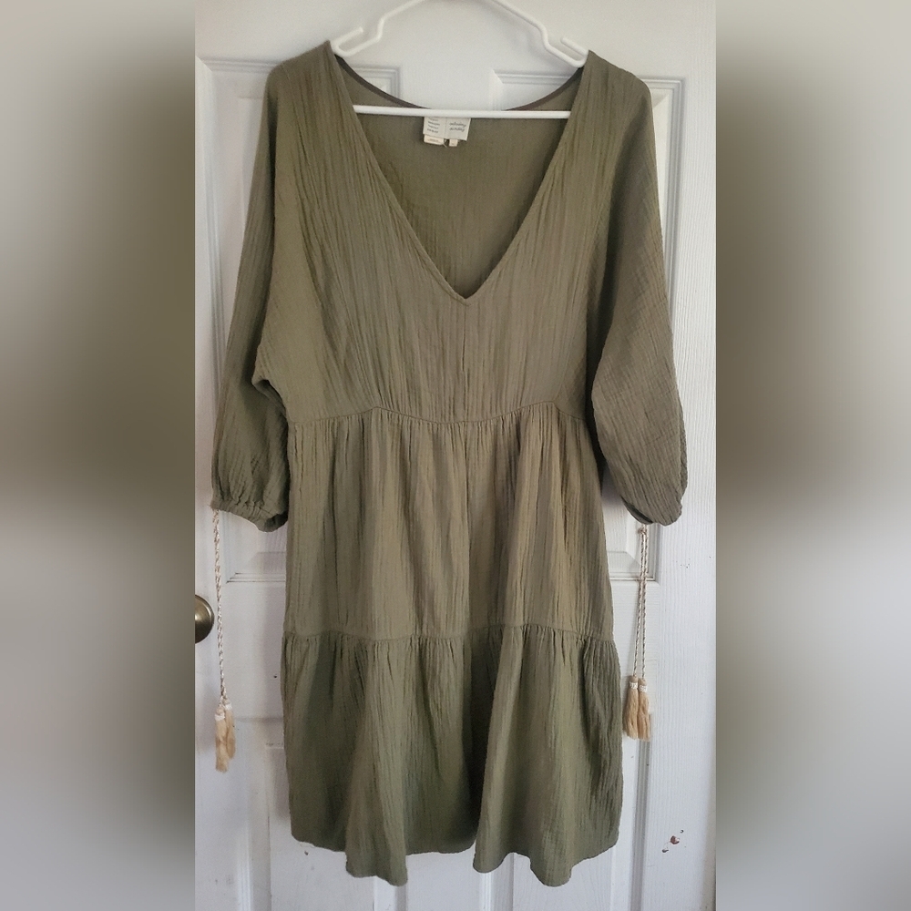 Anthropology Saturday Sunday Vneck Olive Green Womans Dress, Size Medium